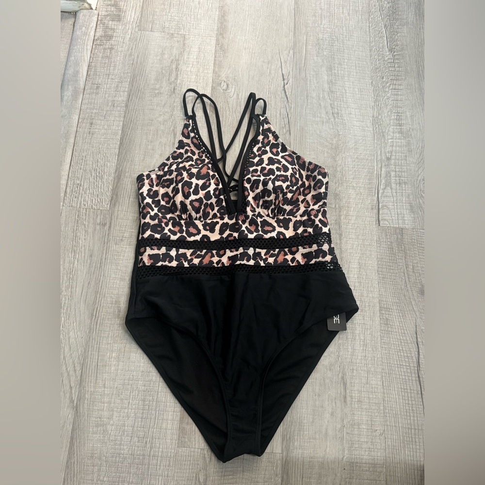 Elegant Brown and Black One Piece Swimsuit with Lace Details